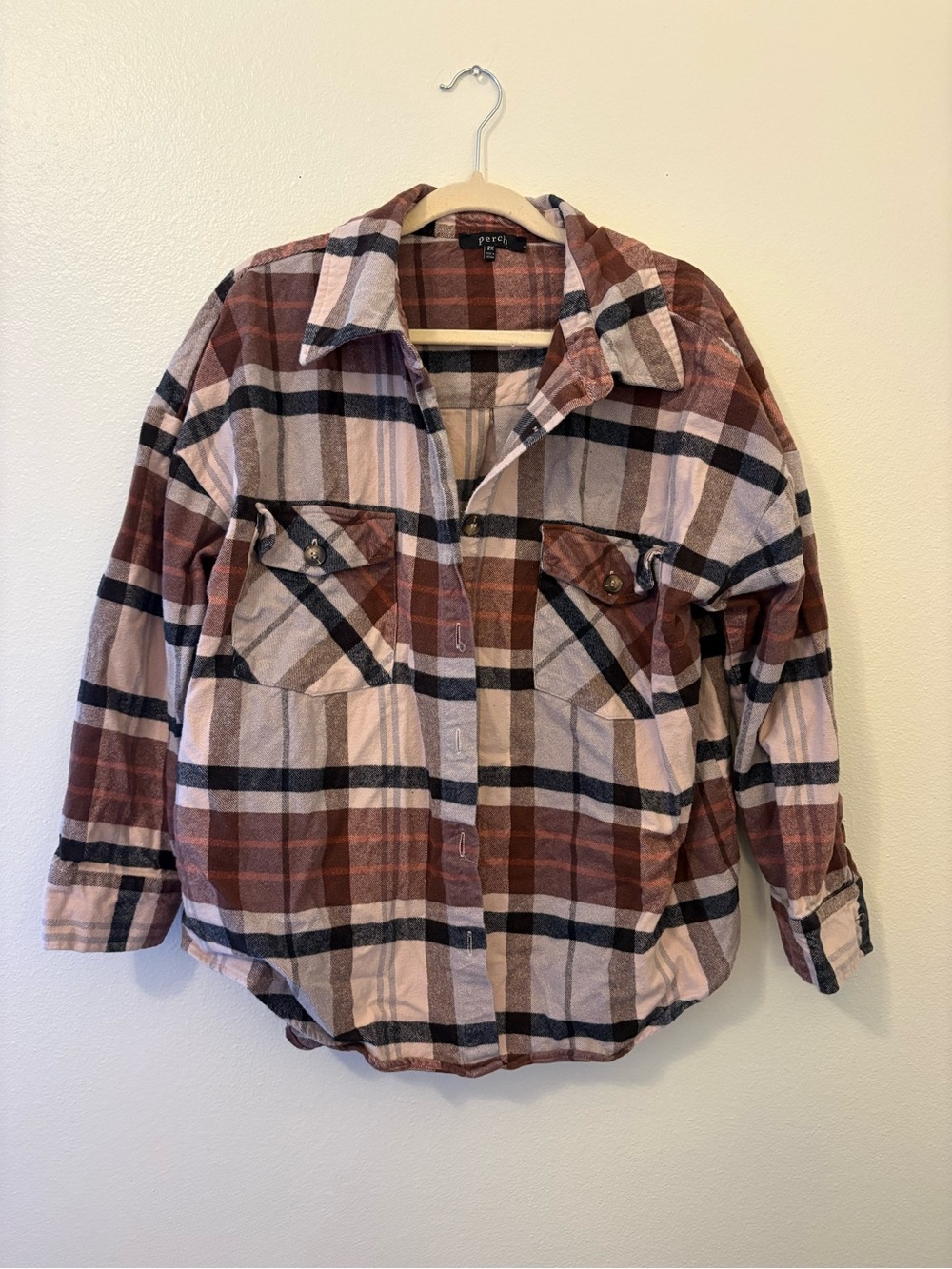 Plaid Button-Up Shacket in Pink and Brown - Casual Women's Top